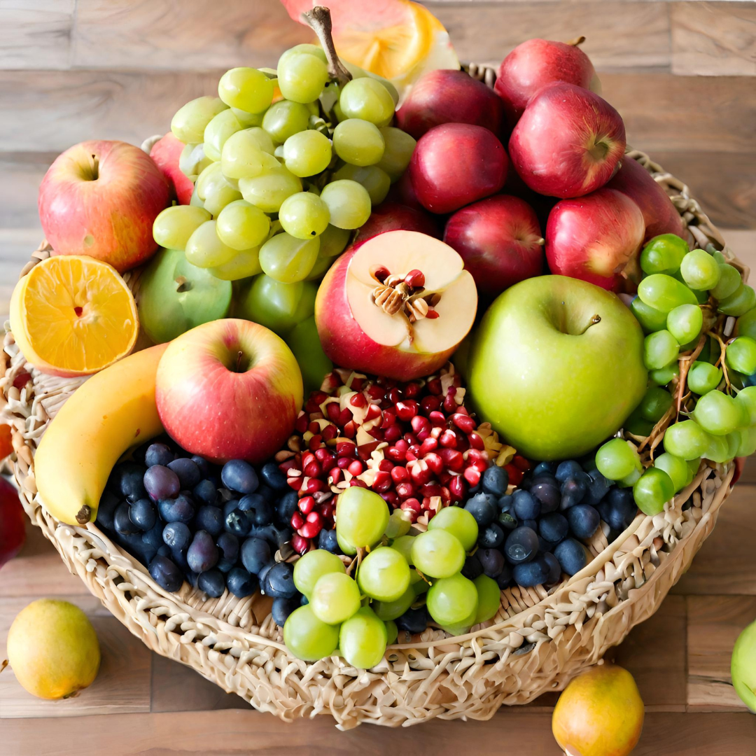 Family Favourites Basket(500gms each of Indian apple, Sweet lime, Red grapes, Chikoos, Pomegranates And 1 box blueberry)